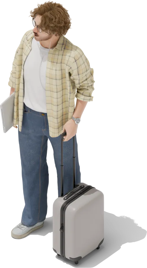A traveller with a rolling suitcase