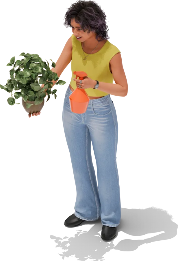 A person misting a potted plant