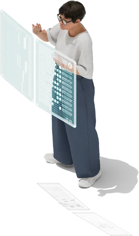 A person arranging floating interface panels